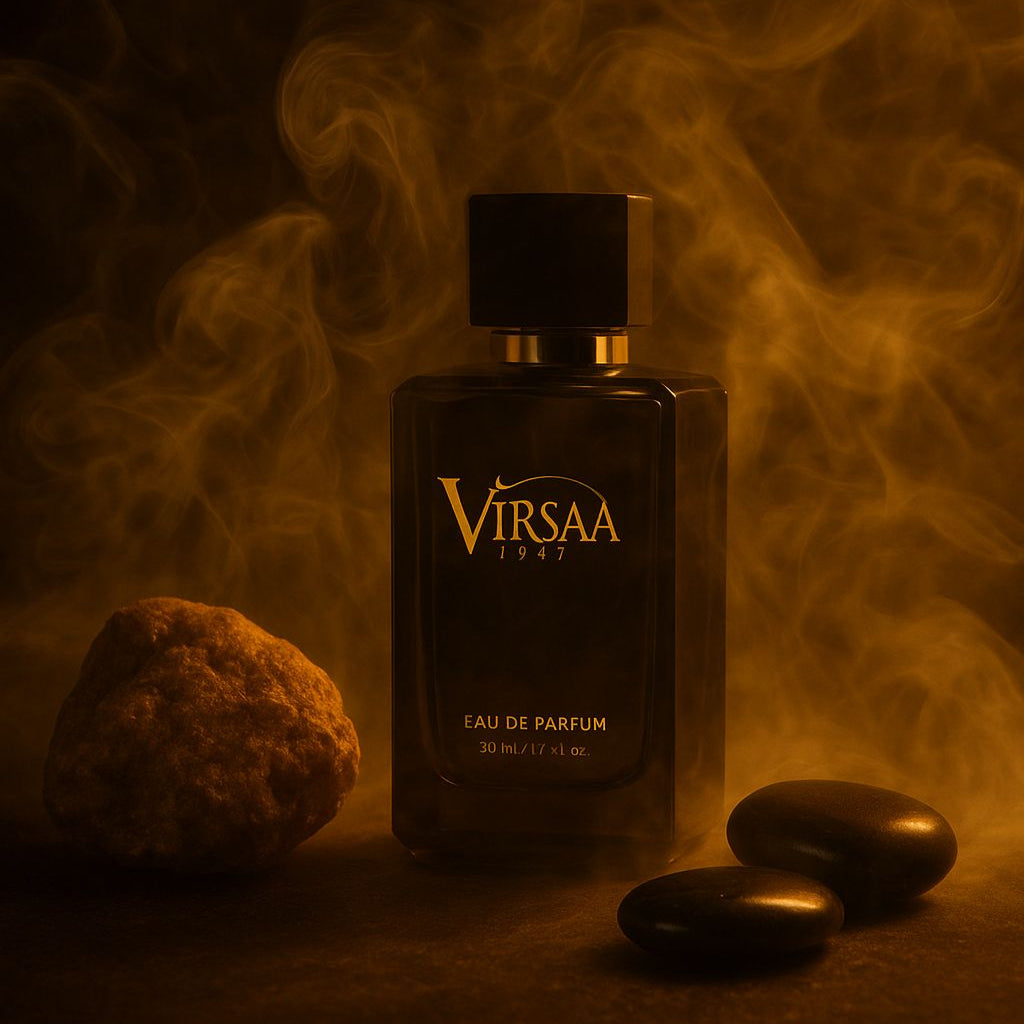VIRSAA perfume bottle with smoke and stones in the background