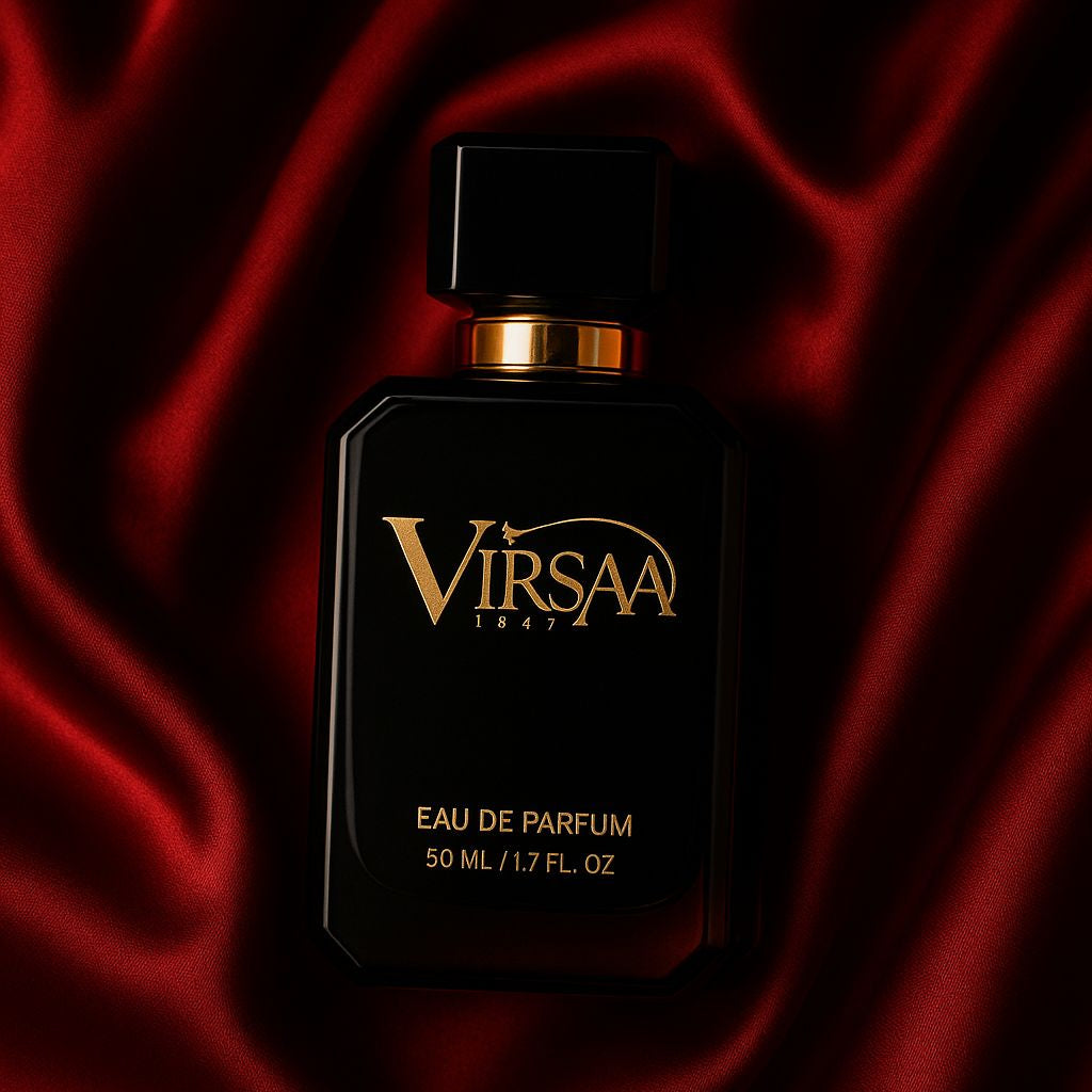 Virsaa Eau de Parfum bottle on red fabric