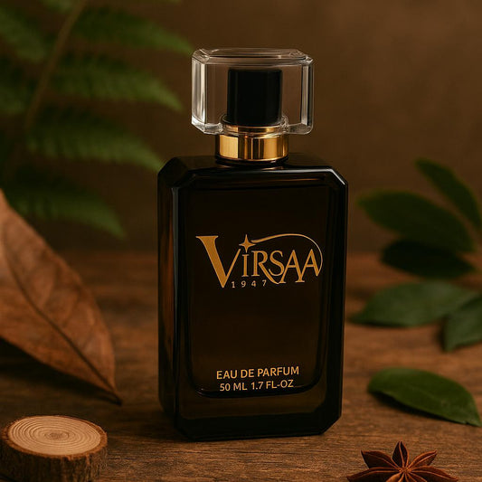 Black perfume bottle with 'VIRSAA' branding on a wooden surface with leaves and spices.