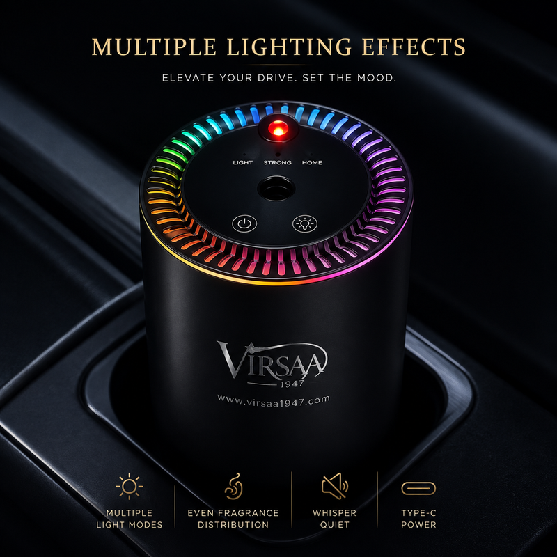 A black cylindrical car fragrance diffuser with a colorful rainbow LED light ring and a red indicator light, shown in a car cup holder. The image includes marketing text highlighting multiple lighting effects and features like even fragrance distribution and whisper quiet.